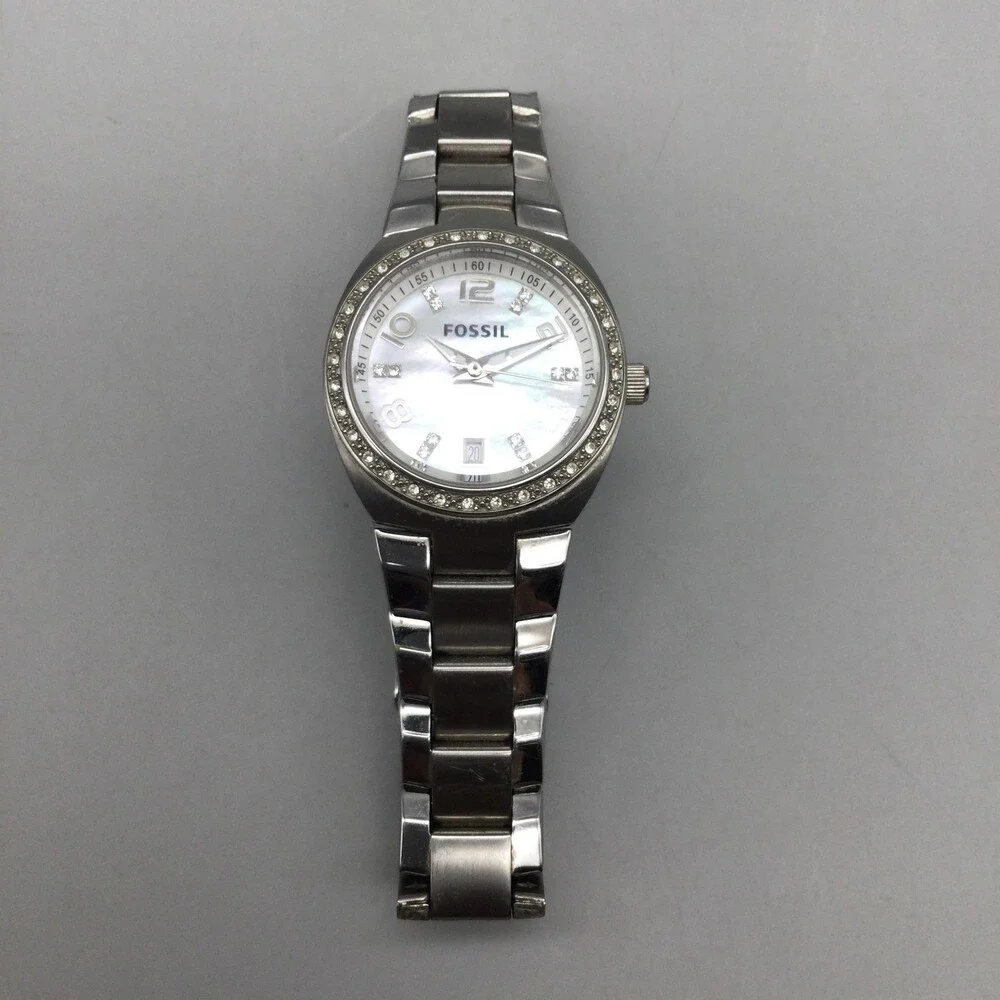 Fossil Womens Watch 28mm MOP Dial Crystals Date Stainless New Battery 6.5